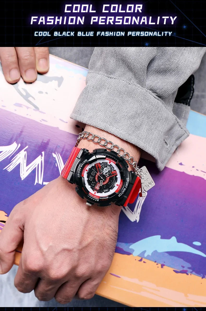 Youth Sport Digital Watch Men Shockproof Waterproof Dual Wristwatches LED Alarm Clock Mens Watches Cool