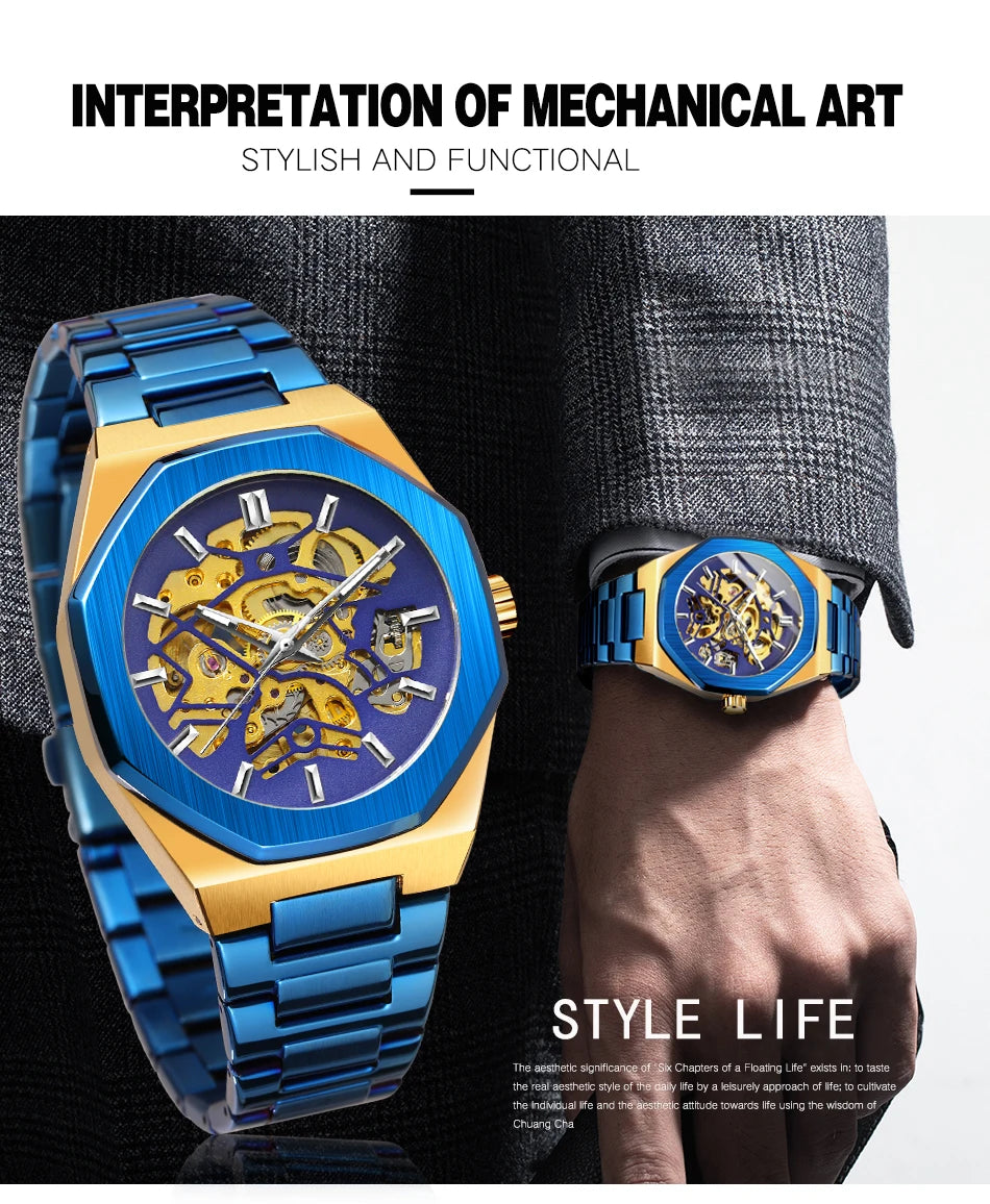 Forsining 344D Fashion Automatic Mechanical Watches for Man Transparent Skeleton Steel Strap Waterproof Luminous Men Wristwatch