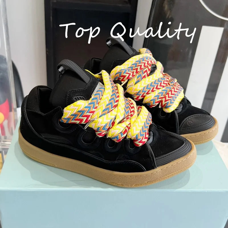 Men's Women's Casual Shoes sports shoes Thick tongue Colorful shoelace Matching  leather material Splicing color design