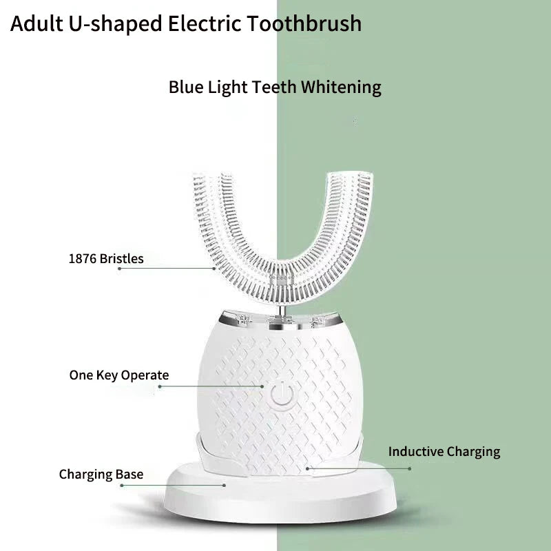 360° Ultrasonic Electric Toothbrush U Shaped for Adults Sonic Vibrations Tooth Brush with Charging Base Blue LED Light Whitening