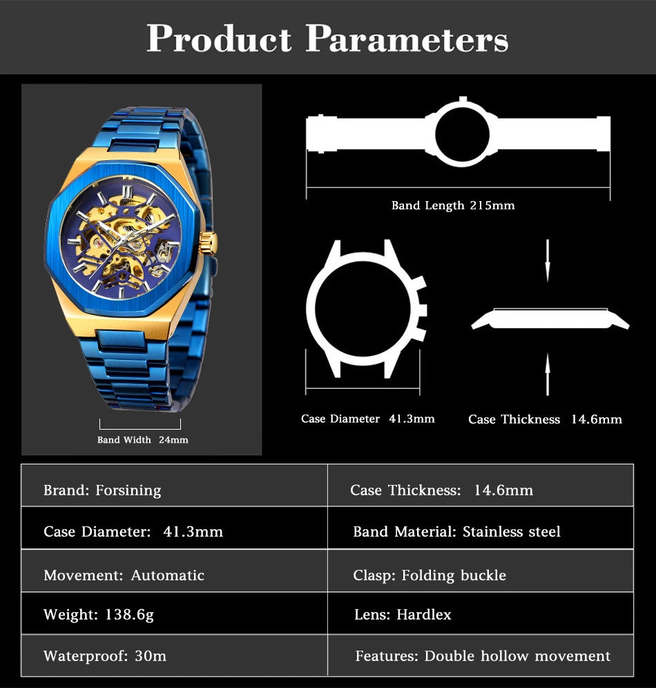 Forsining 344D Fashion Automatic Mechanical Watches for Man Transparent Skeleton Steel Strap Waterproof Luminous Men Wristwatch