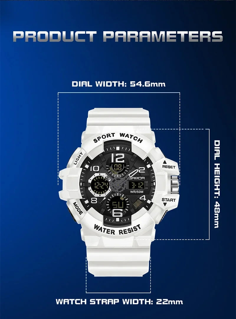SANDA 3168 White Sport Watch LED Digital 50M Waterproof Watch Men Multifunction Clock Relogio Masculino Men Military Watches