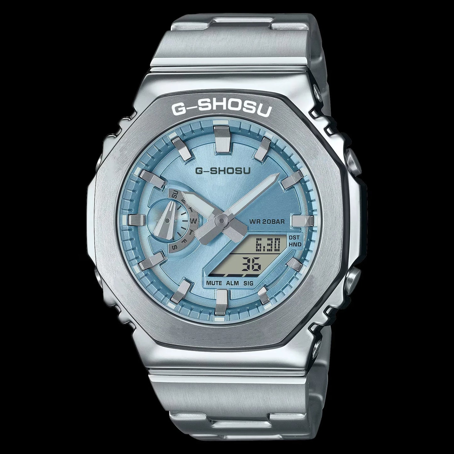 Digital Sports Electronic Unisex Watch Full Function LED Alloy Large Dial World Time Steel Strap GMB Oak Series