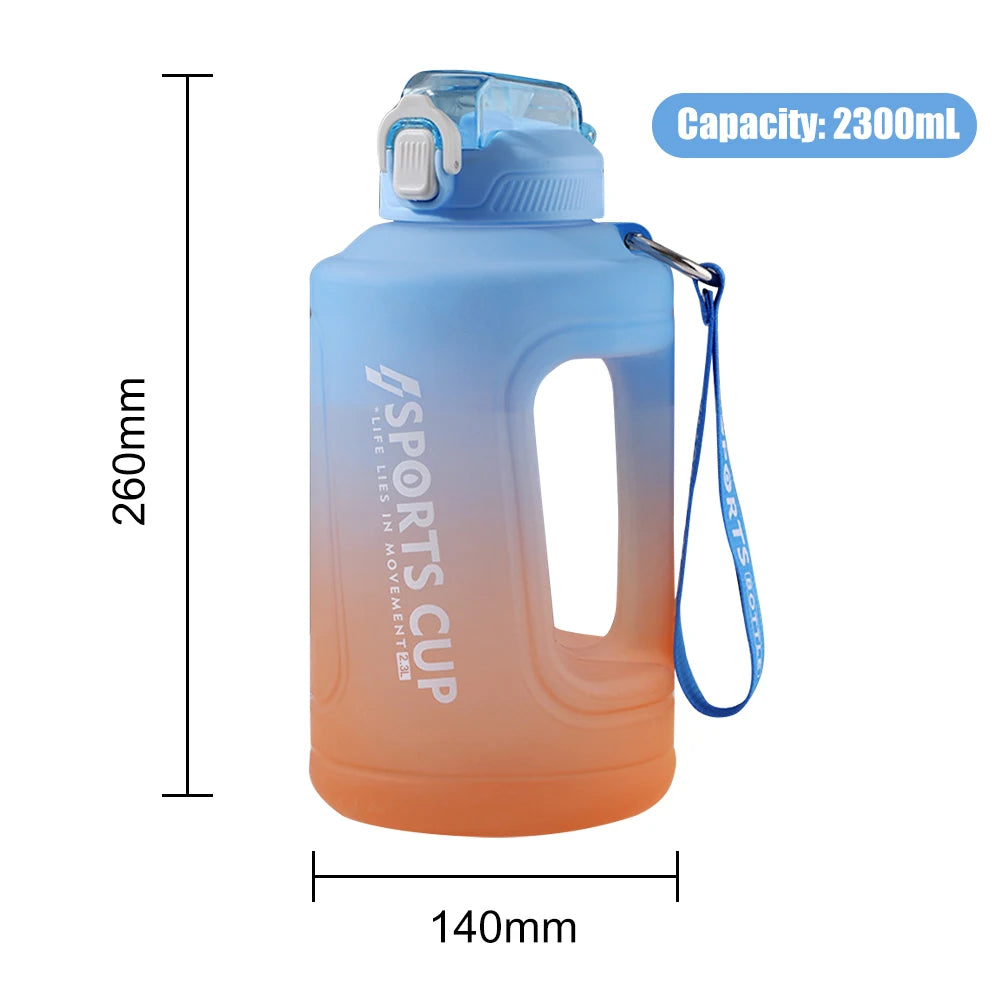 2200ML Large Capacity Water Bottle Gradient Color Time Marker with Handle Strap Wide Mouth Opening Outdoor Sport Fitness Gym Cup