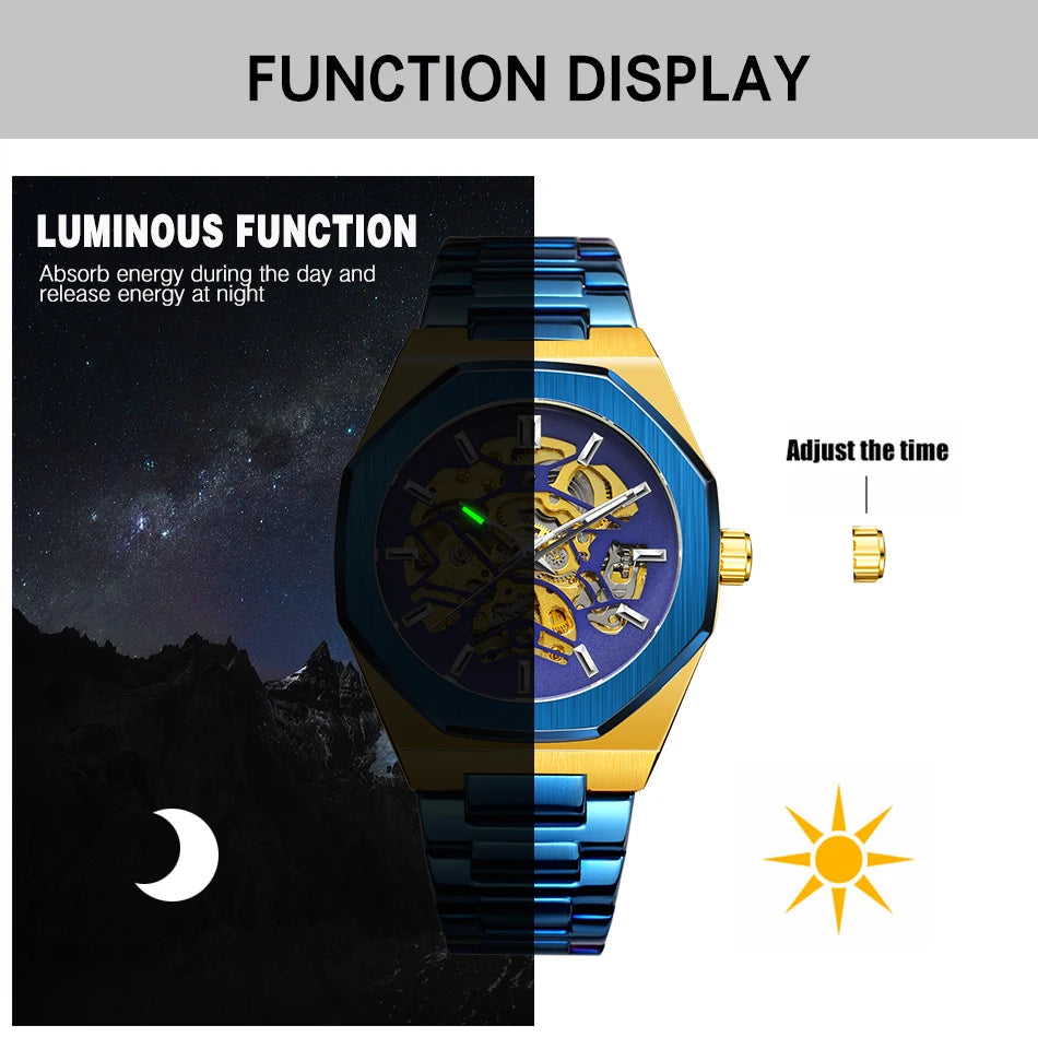 Forsining 344D Fashion Automatic Mechanical Watches for Man Transparent Skeleton Steel Strap Waterproof Luminous Men Wristwatch