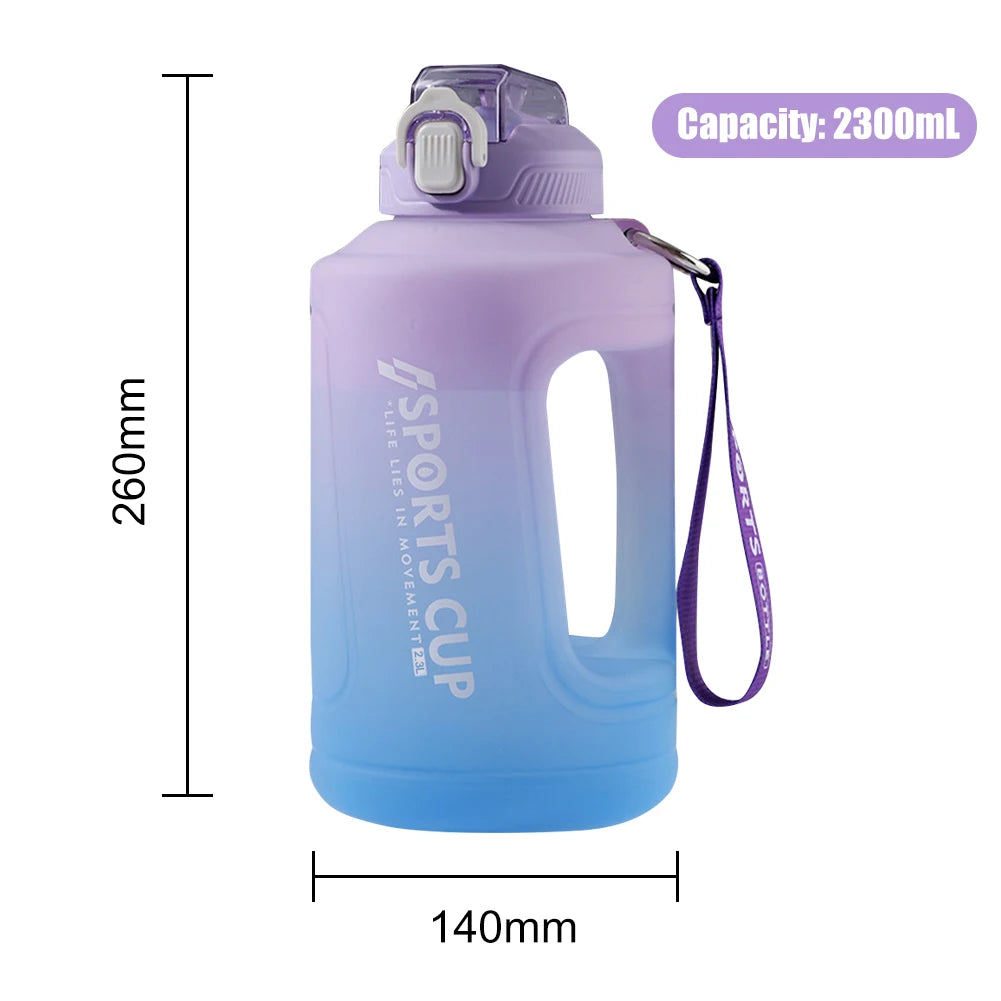 2200ML Large Capacity Water Bottle Gradient Color Time Marker with Handle Strap Wide Mouth Opening Outdoor Sport Fitness Gym Cup