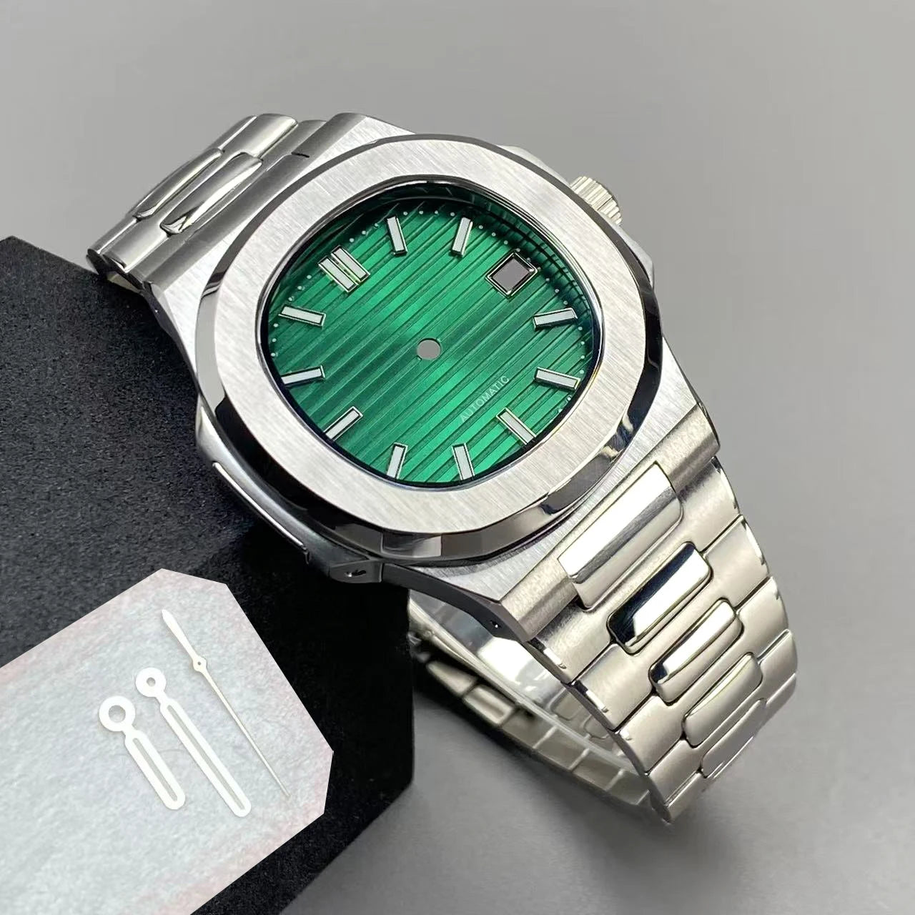 40mm NH35 Square Watch Case with Green Luminous Single Date Dial for Nautilus Style Watches Fit NH35 NH36 NH38 Movements