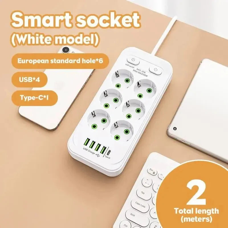 EU Plug AC Outlets Multitap Socket 2M Extension Cord Electrical Power Strip With USB Type C Fast Charging Network Filter Adapter