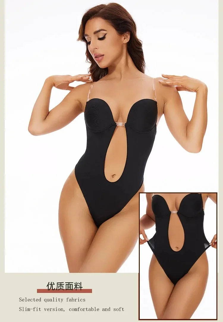 Women Shapers Underwear Backless Bodysuit Shapewear M L XL Deep V-Neck Body U Plunge Clear Strap Padded Push Up Corset