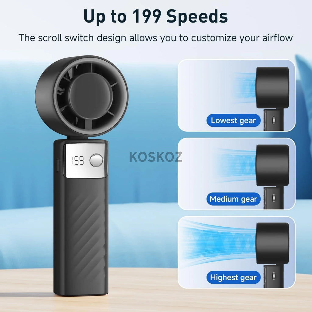 Portable Handheld Turbo Fan - Foldable Mini Fan with Air Turbo Tech, 1-199 Speed Adjustment, Battery-Powered for Indoor/Outdoor
