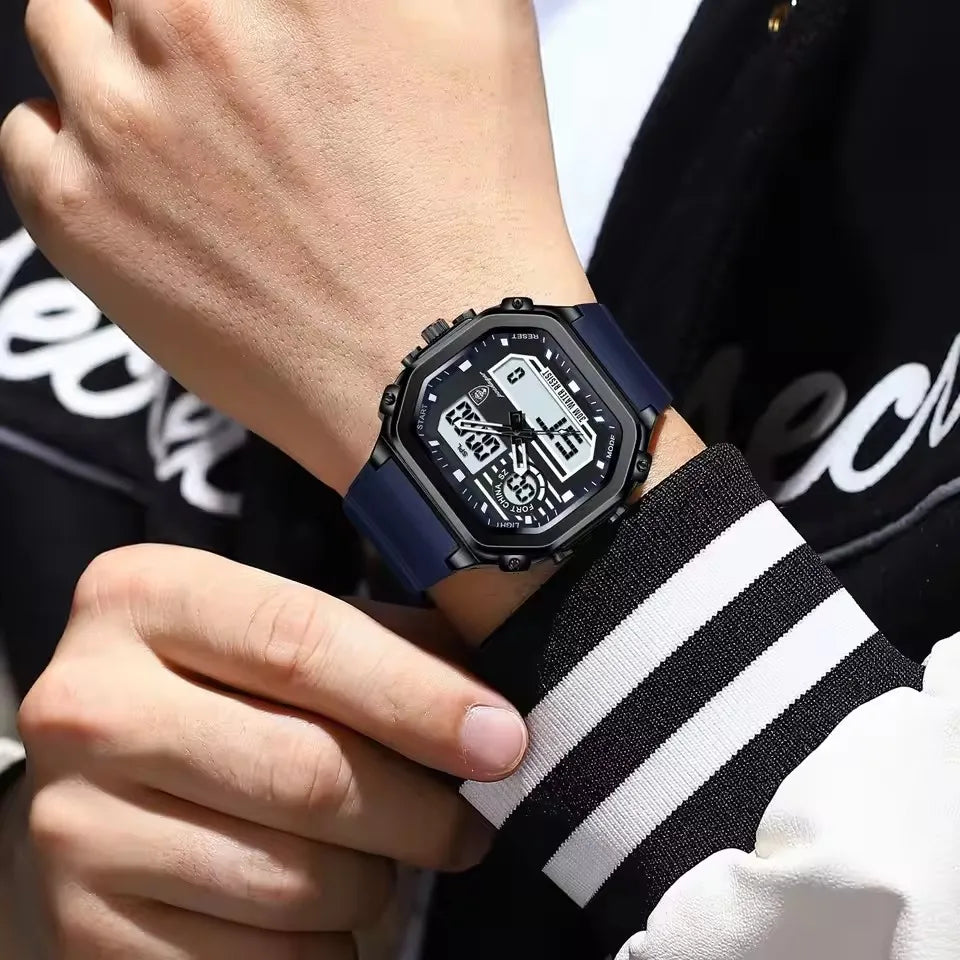 POEDAGAR Luxury Sports LED Digital Watch for Men Waterproof Luminous Week Square Wristwatch Red Silicone Band Dual Display 43mm