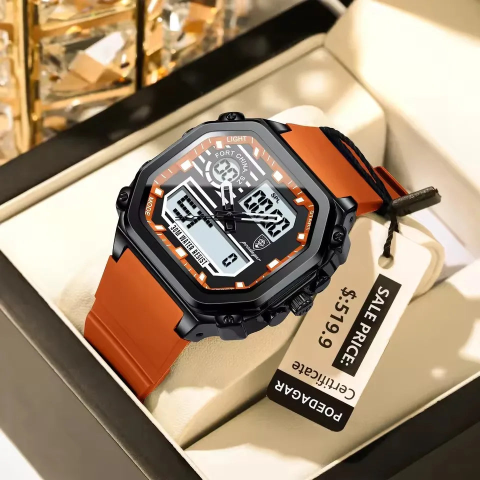 POEDAGAR Luxury Sports LED Digital Watch for Men Waterproof Luminous Week Square Wristwatch Red Silicone Band Dual Display 43mm