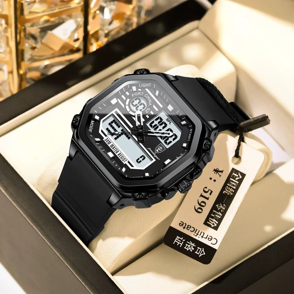 POEDAGAR Luxury Sports LED Digital Watch for Men Waterproof Luminous Week Square Wristwatch Red Silicone Band Dual Display 43mm