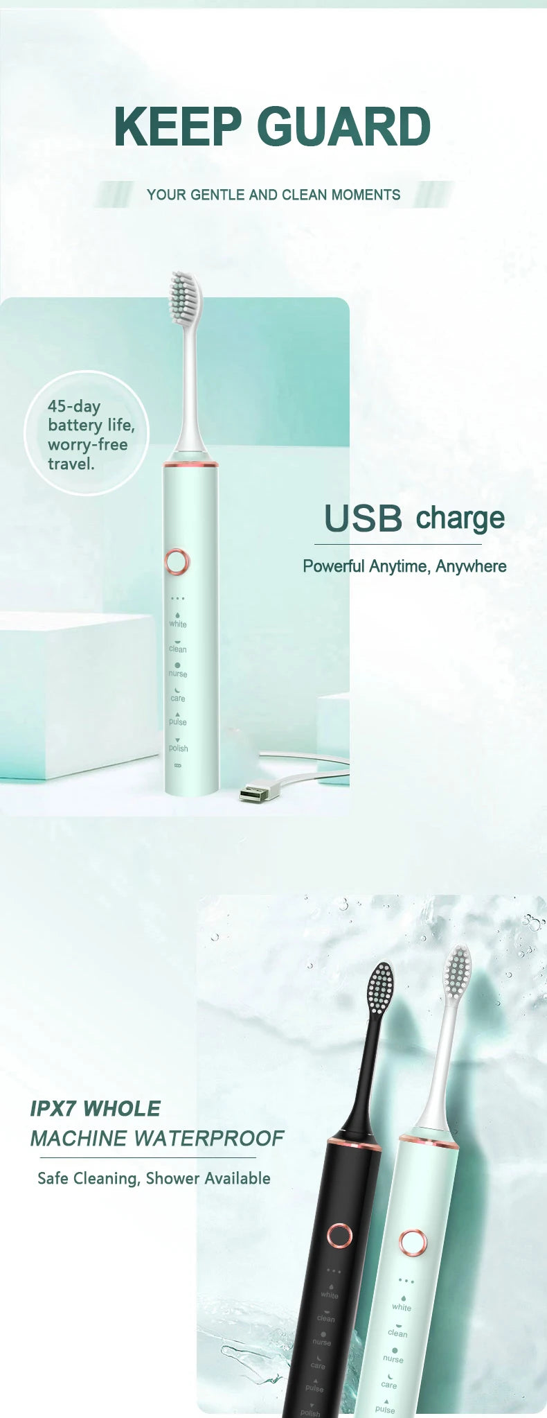 New N100 Sonic Electric Toothbrush Adult Timer Brush 6 Mode USB Charger Rechargeable Tooth Brushes Replacement Heads Set