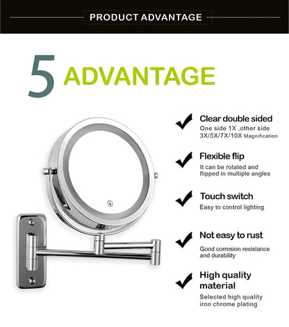 Wall Mounted Smart Bathroom Led Makeup Mirror 3X 5X 7X10X Magnification Adjustable Cosmetic Double Side Touch Dimming Mirrors