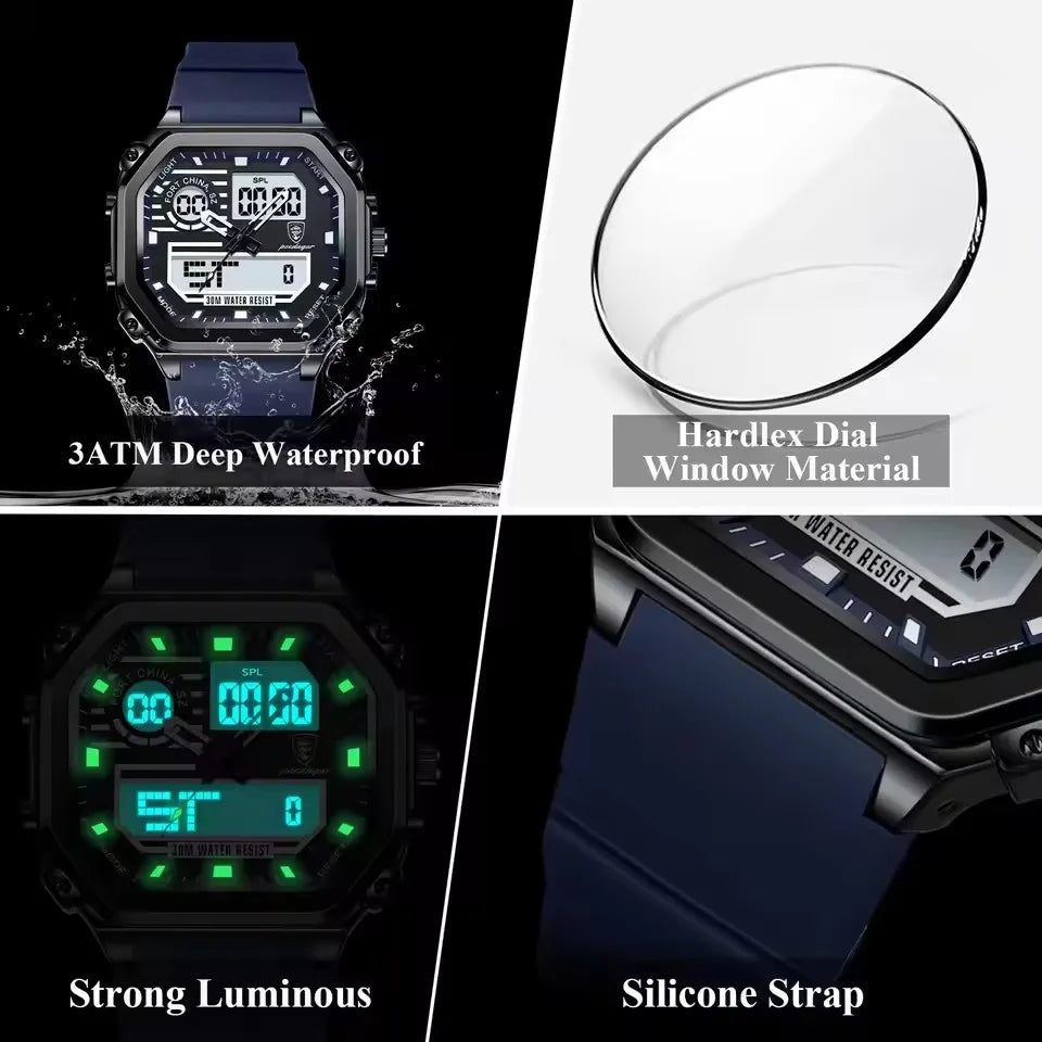 POEDAGAR Luxury Sports LED Digital Watch for Men Waterproof Luminous Week Square Wristwatch Red Silicone Band Dual Display 43mm