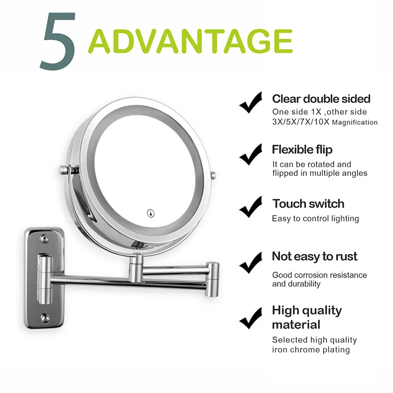 Wall Mounted Smart Bathroom Led Makeup Mirror 3X 5X 7X10X Magnification Adjustable Cosmetic Double Side Touch Dimming Mirrors