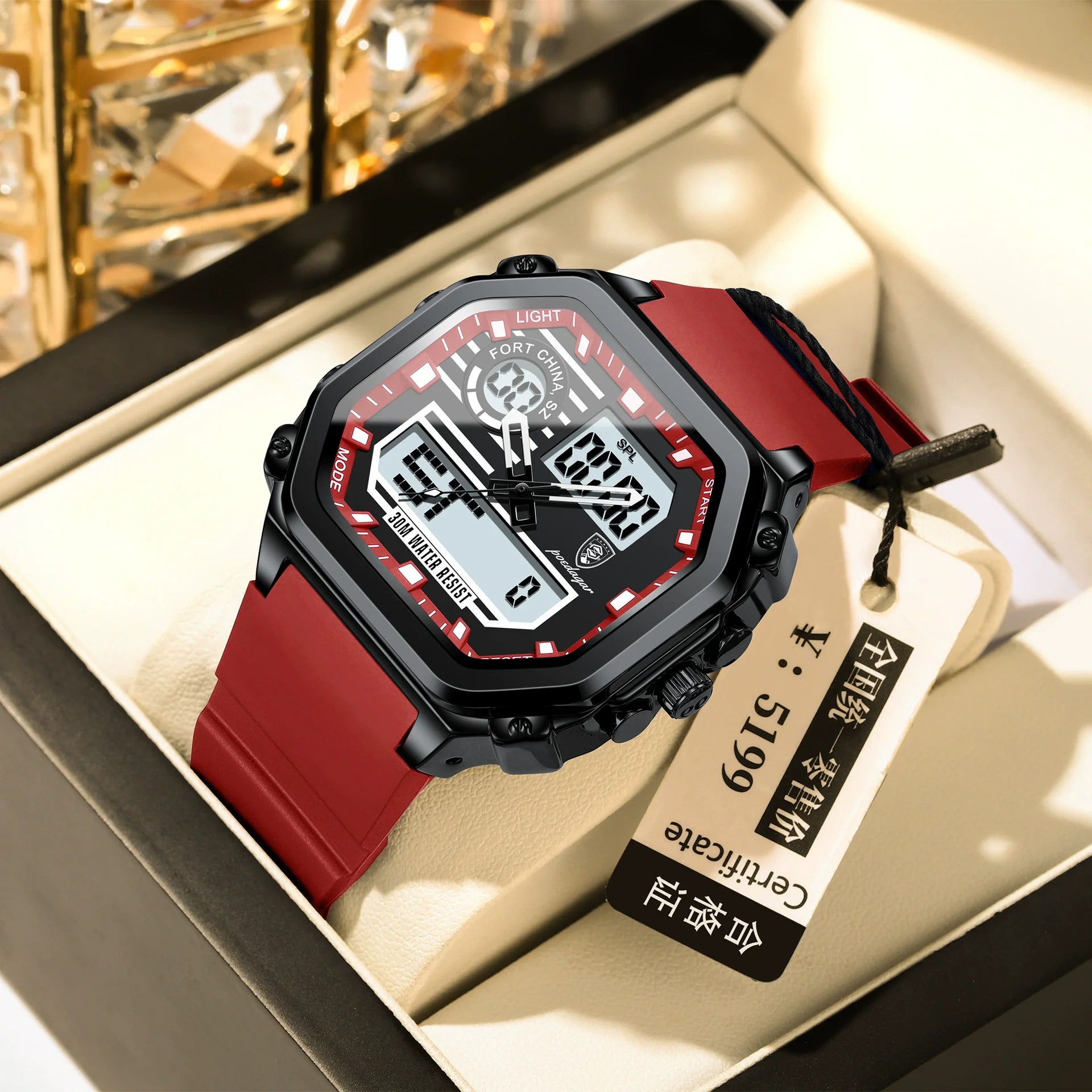 POEDAGAR Luxury Sports LED Digital Watch for Men Waterproof Luminous Week Square Wristwatch Red Silicone Band Dual Display 43mm