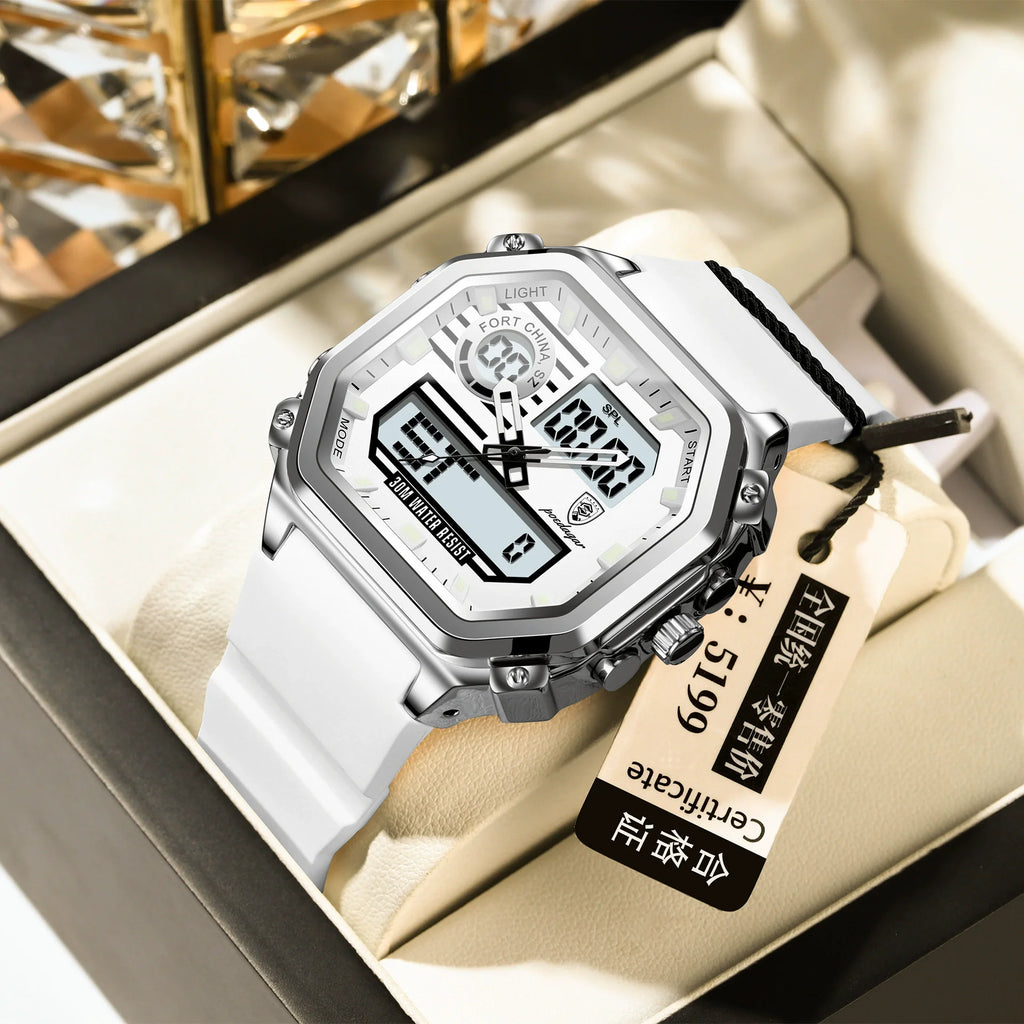 POEDAGAR Luxury Sports LED Digital Watch for Men Waterproof Luminous Week Square Wristwatch Red Silicone Band Dual Display 43mm