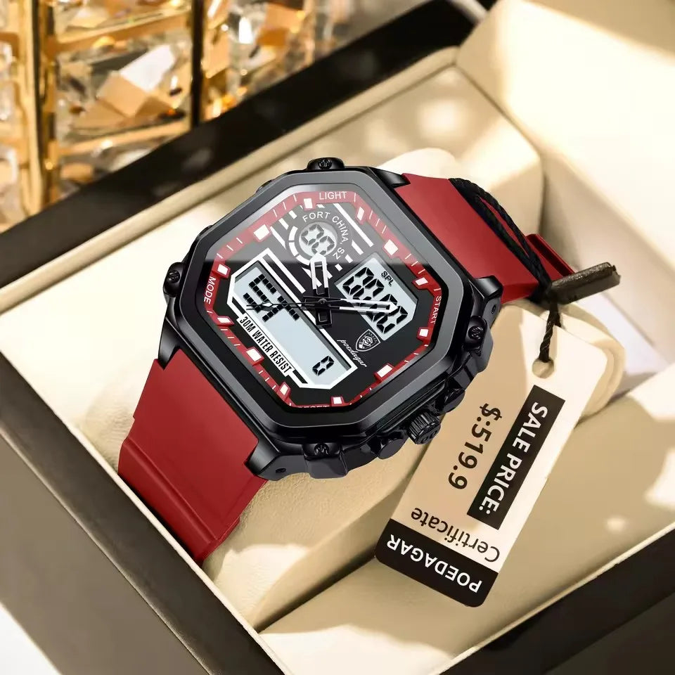 POEDAGAR Luxury Sports LED Digital Watch for Men Waterproof Luminous Week Square Wristwatch Red Silicone Band Dual Display 43mm