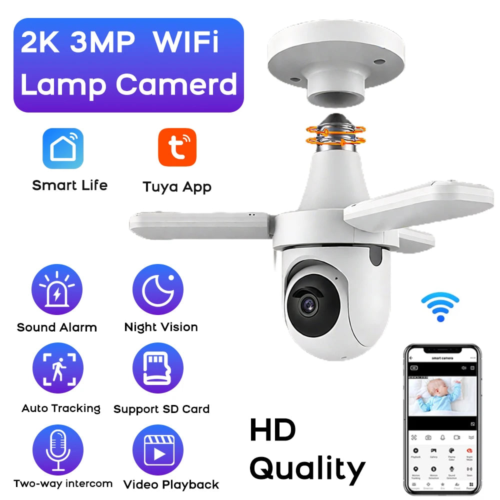2K 3MP Smart WiFi Bulb Camera Wireless Outdoor Indoor Night Vision Motion Detection Two-Way Talk Compatible Tuya Smart Life app