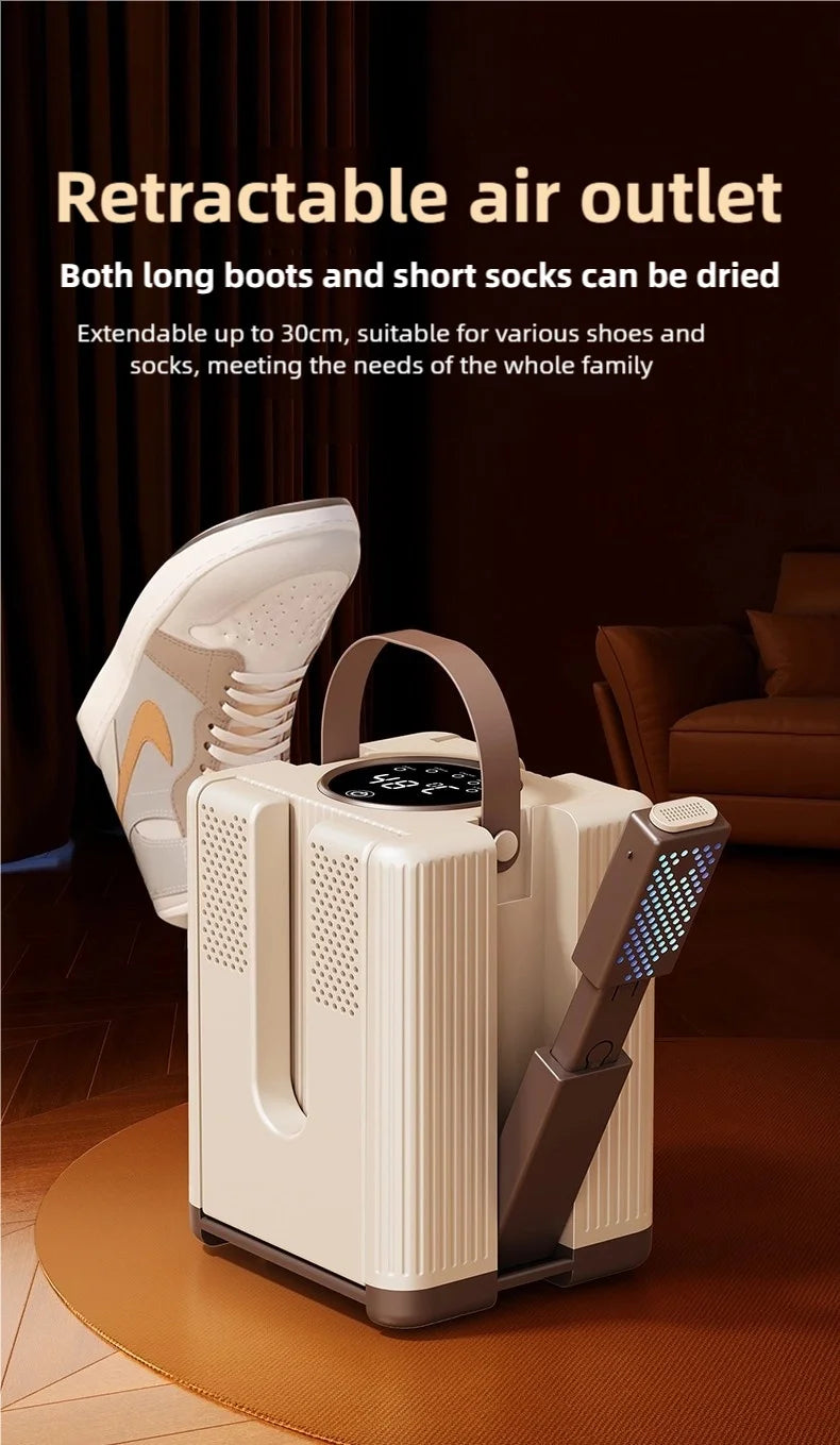 New 6-head shoe dryer can dry up to 3 pairs of shoes at a time. It quickly dries, deodorizes, disinfects, and has a smart timer