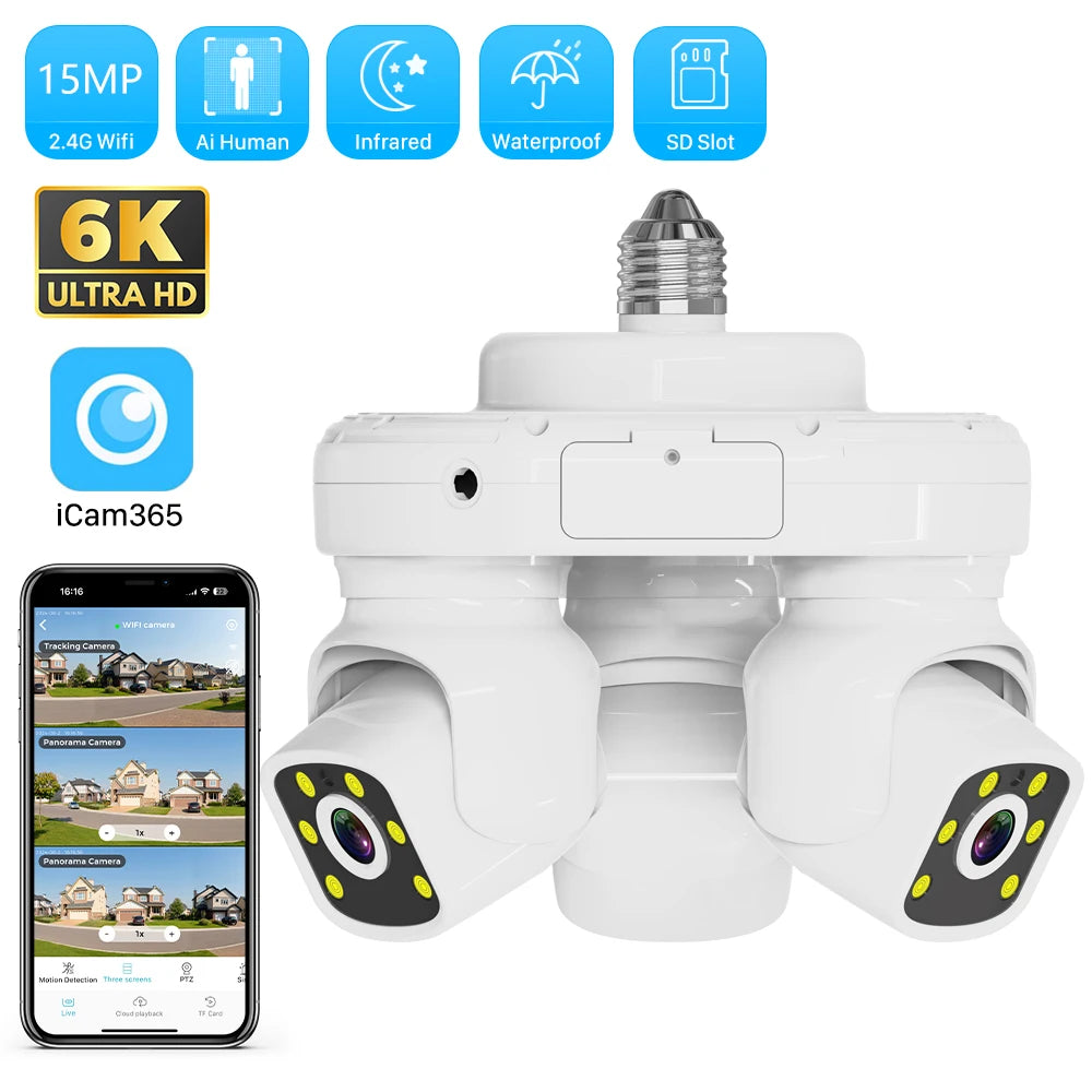 Smart 15MP Triple-Lens Bulb Security Camera 360° PTZ Auto Tracking 15MP 9MP Night Vision WiFi Waterproof CCTV 3-Screen View