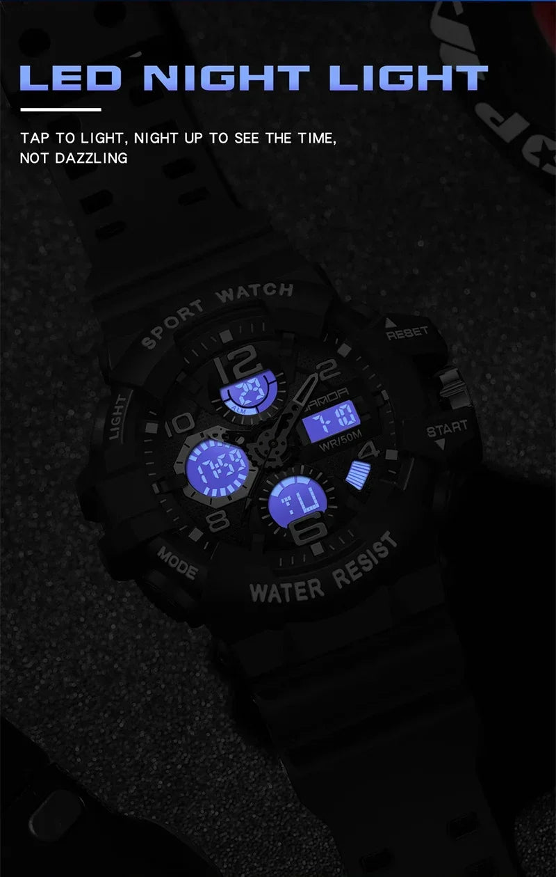 SANDA 3168 White Sport Watch  LED Digital 50M Waterproof Watch Men Multifunction Clock Relogio Masculino Men Military Watches