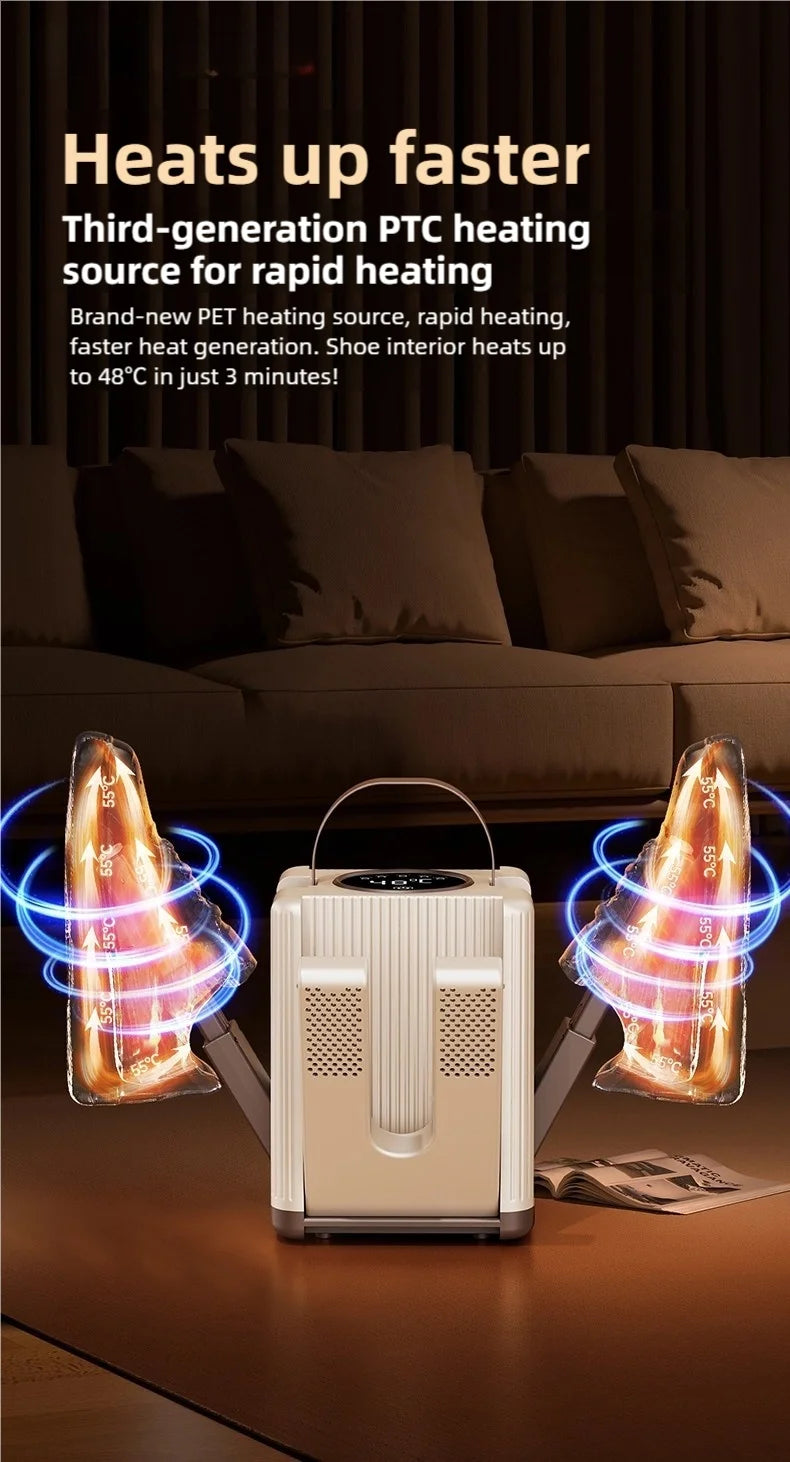 New 6-head shoe dryer can dry up to 3 pairs of shoes at a time. It quickly dries, deodorizes, disinfects, and has a smart timer