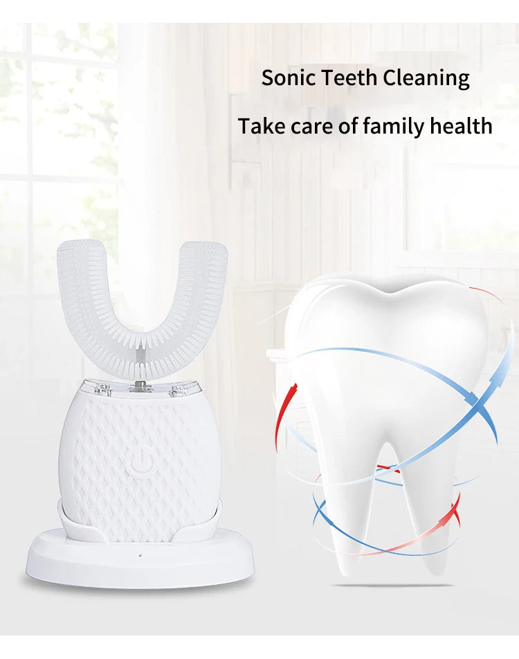 360° Ultrasonic Electric Toothbrush U Shaped for Adults Sonic Vibrations Tooth Brush with Charging Base Blue LED Light Whitening