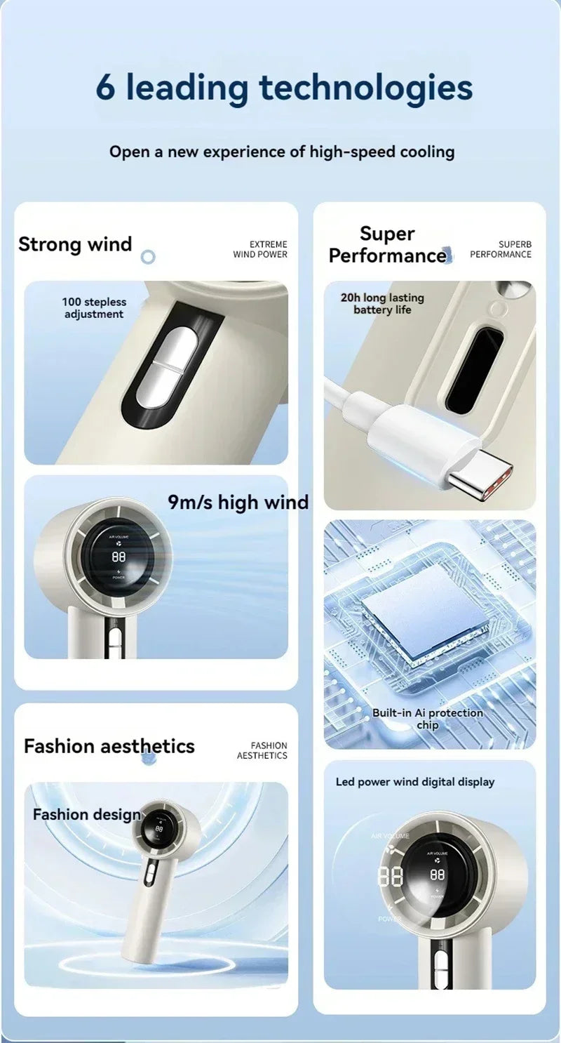 2025 Portable Turbo Handheld Fan - 100-Speed Adjustable, USB Rechargeable Mini Fan with LED for Camping, Outdoor & Travel