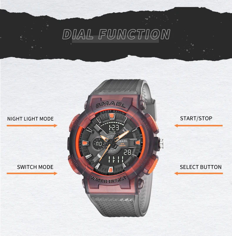 SMAEL Sport Digital Watch for Men Waterproof Sports Style Silicone Strap Stopwatch Shockproof Alarm Clock Male Quartz Wristwatch