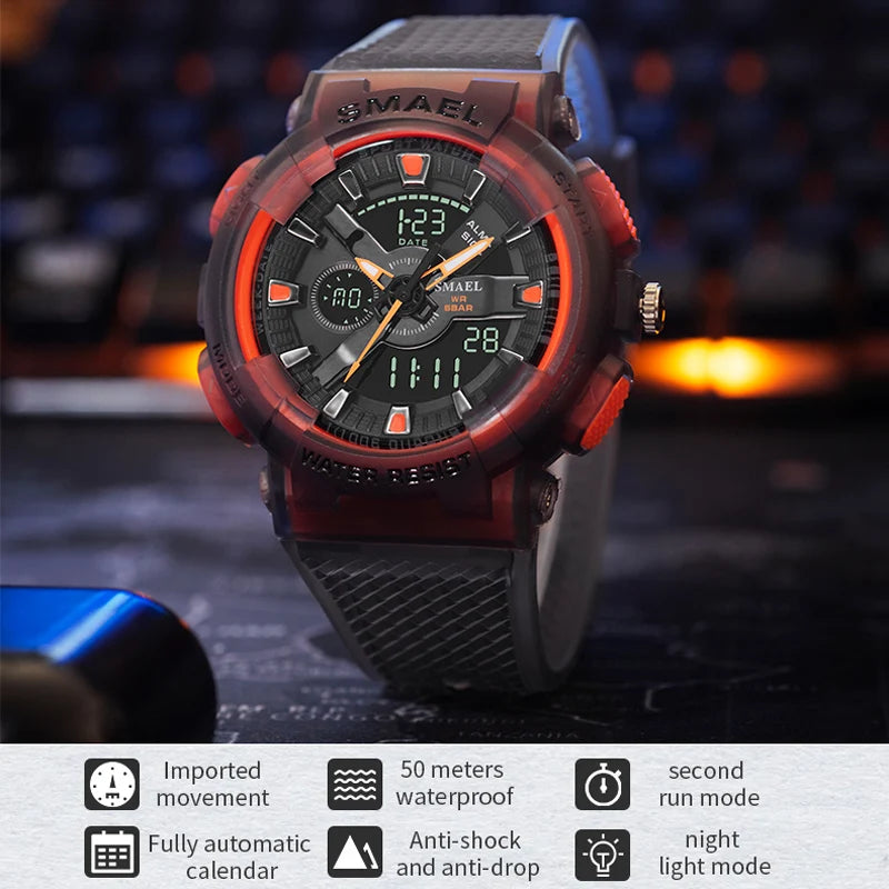 SMAEL Sport Digital Watch for Men Waterproof Sports Style Silicone Strap Stopwatch Shockproof Alarm Clock Male Quartz Wristwatch