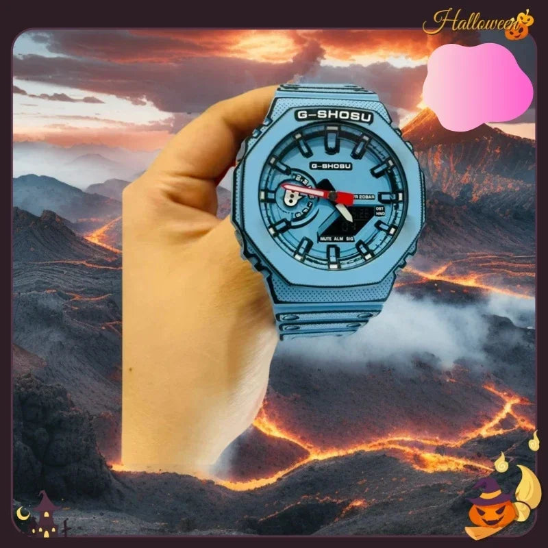 Sports electronic men's watch world time full function dual display automatic lifting light oak comic series