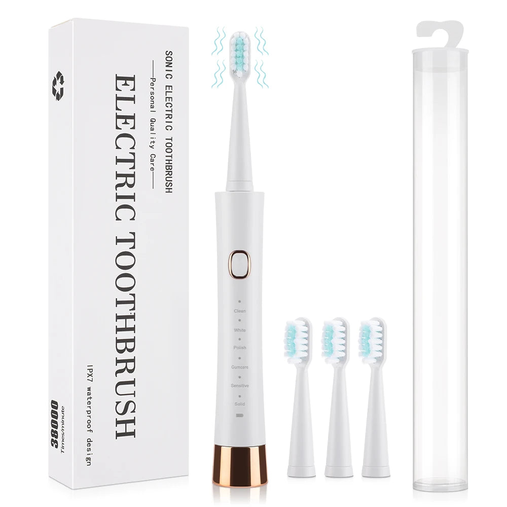 Ultrasonic Electric Toothbrush for Adults USB Rechargeable 5 Modes with 4 Toothbrush Heads IPX7 Waterproof Travel Toothbrush