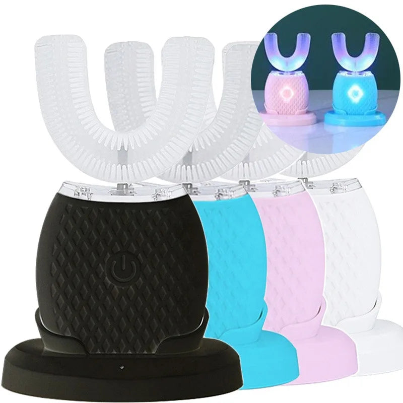 U Shape Sonic Electric Toothbrush 360 Degree Mouth Cleansing Automatic Silicone Toothbrush Cold Blue Light Teeth Whitening Brush