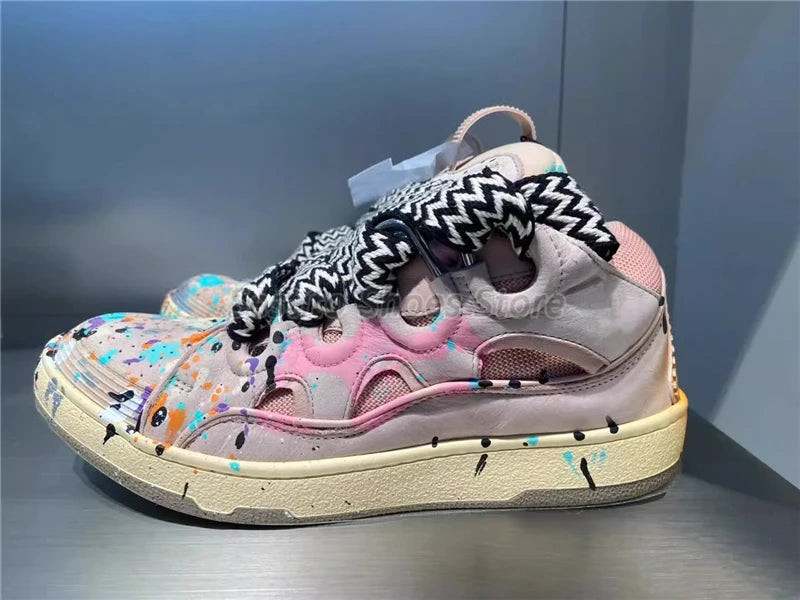 Thick Sole Mixed Colors Casual Sneakers for Men Women Fashion Round Toe Lace Up Skateboard Shoes Outdoor Breathable Couple Shoes