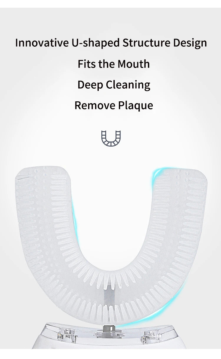 360° Ultrasonic Electric Toothbrush U Shaped for Adults Sonic Vibrations Tooth Brush with Charging Base Blue LED Light Whitening