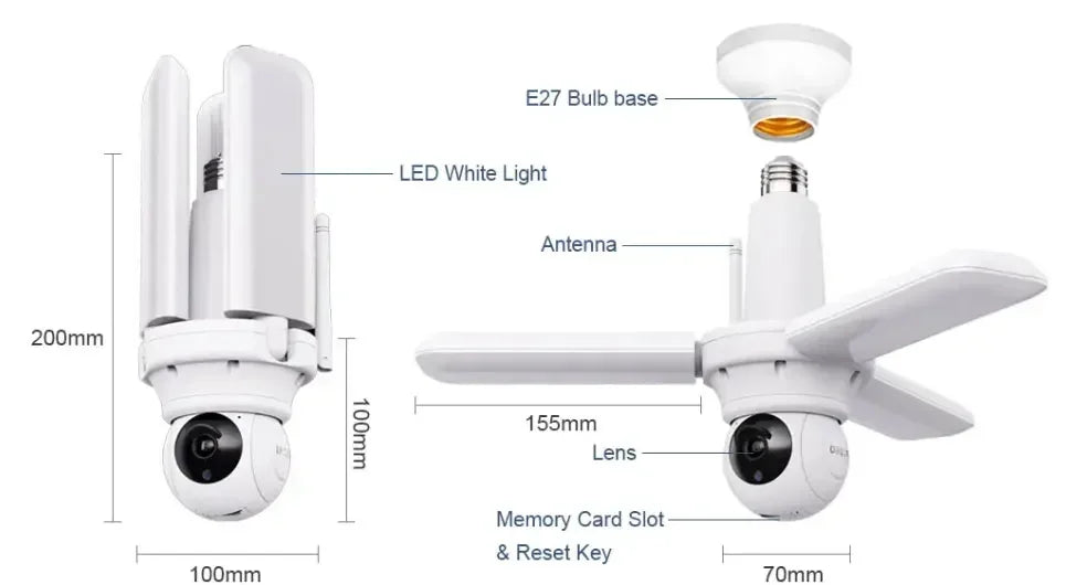 Smart 5MP WIFI Security Camera E27 Bulb Floodlight 2K HD Video Wireless Surveillance IP Cameras Wi-Fi PTZ Home CCTV Night Vision