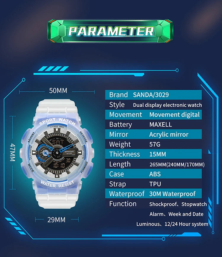Sanda new 3029 watch luminous fashion personality Electronic Watch fluorescence watch Shell Man Watch