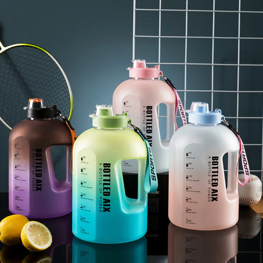 2200ML Large Capacity Water Bottle Gradient Color Time Marker with Handle Strap Wide Mouth Opening Outdoor Sport Fitness Gym Cup
