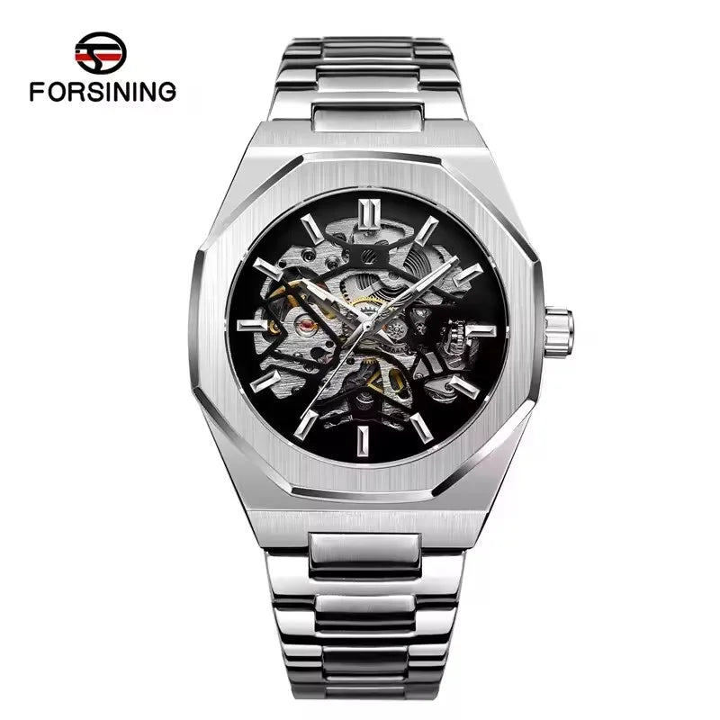 Forsining 344D Fashion Automatic Mechanical Watches for Man Transparent Skeleton Steel Strap Waterproof Luminous Men Wristwatch