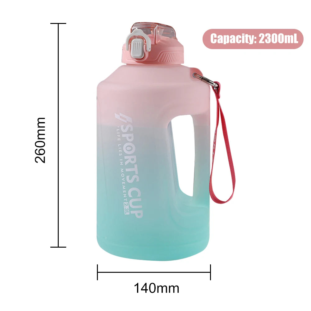 2200ML Large Capacity Water Bottle Gradient Color Time Marker with Handle Strap Wide Mouth Opening Outdoor Sport Fitness Gym Cup