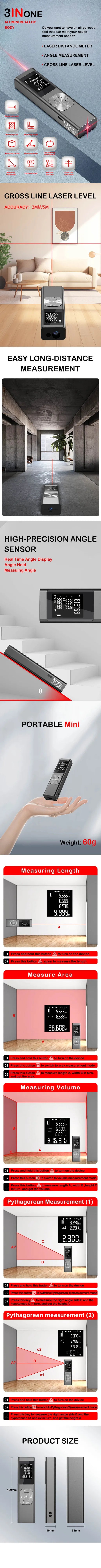 Three In One Laser Rangefinder, Cross Laser Projector, Inclinometer, Ranging Area, Volume, Pythagoras