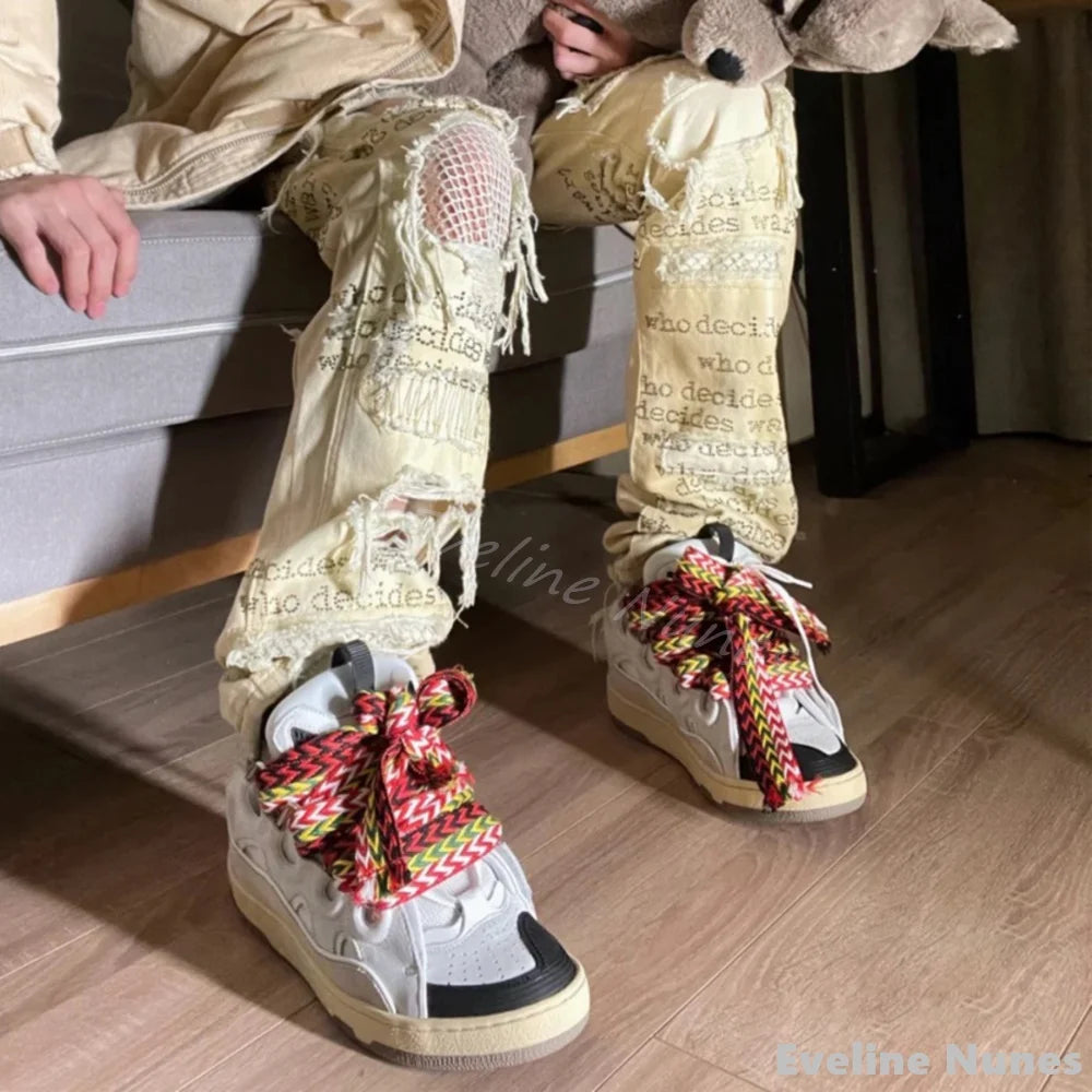 Thick Soled Casual Sports Shoes Men/women Colorblock Lace Up Round Toe Couples Colors Skateboard Shoes 2024 New Fashion Shoes