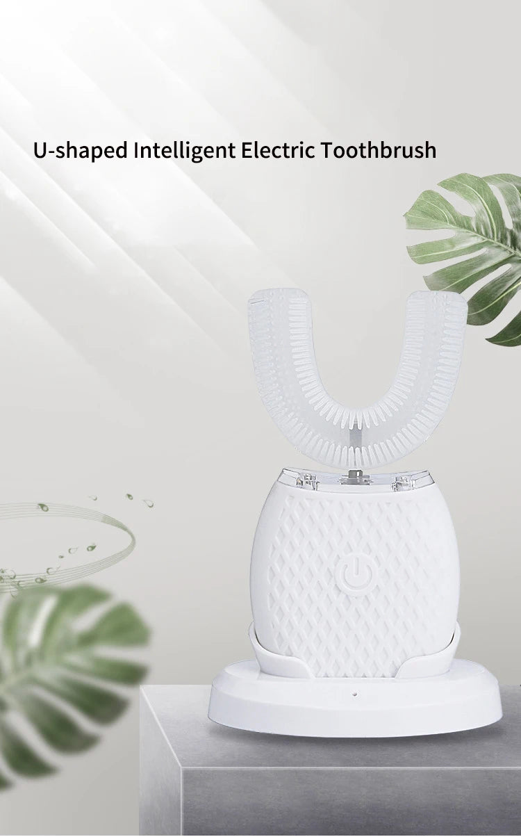 360° Ultrasonic Electric Toothbrush U Shaped for Adults Sonic Vibrations Tooth Brush with Charging Base Blue LED Light Whitening