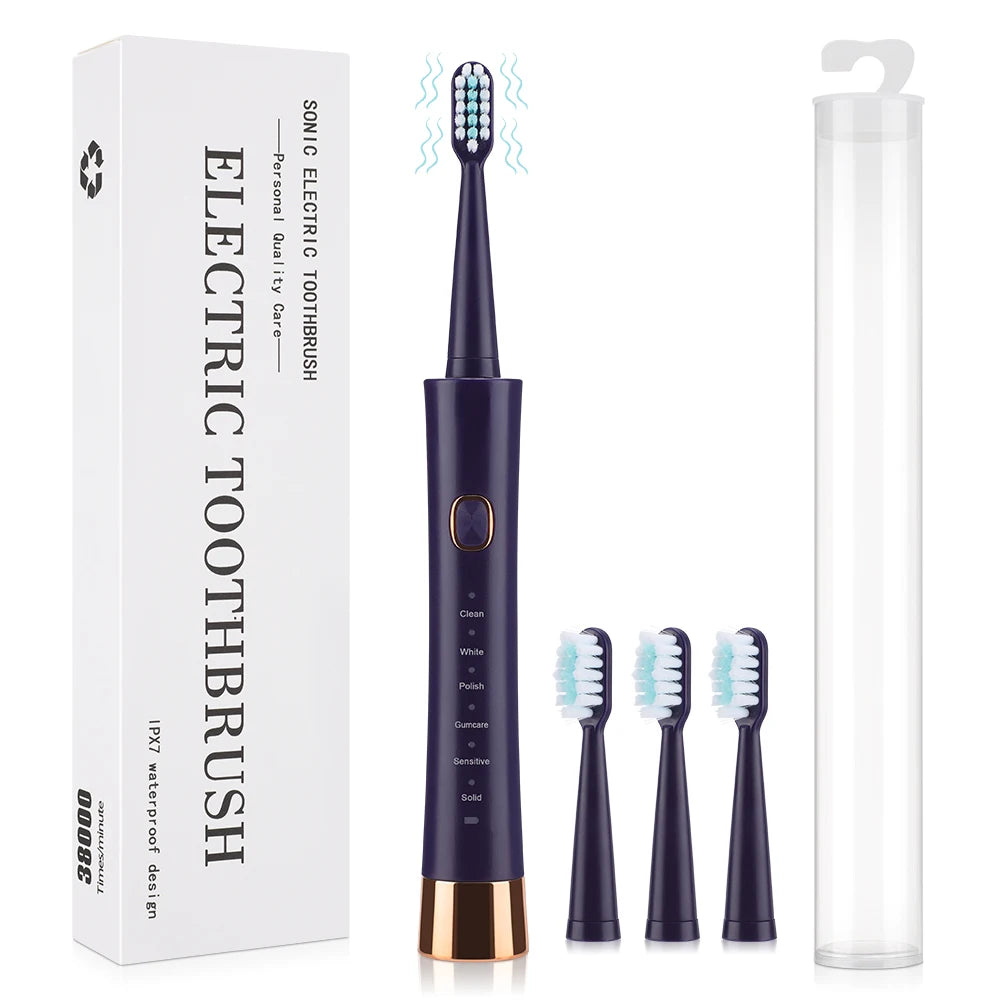 Ultrasonic Electric Toothbrush for Adults USB Rechargeable 5 Modes with 4 Toothbrush Heads IPX7 Waterproof Travel Toothbrush