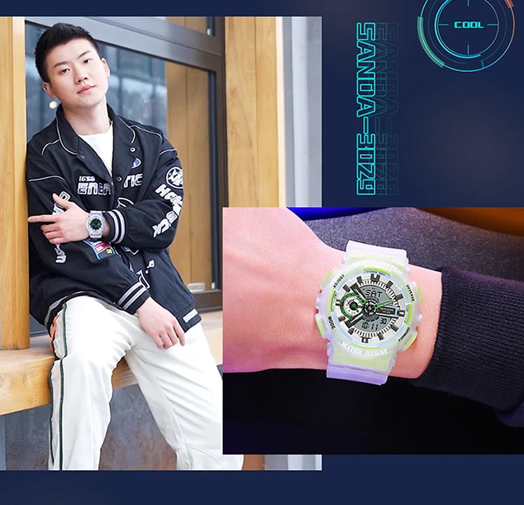 Sanda new 3029 watch luminous fashion personality Electronic Watch fluorescence watch Shell Man Watch