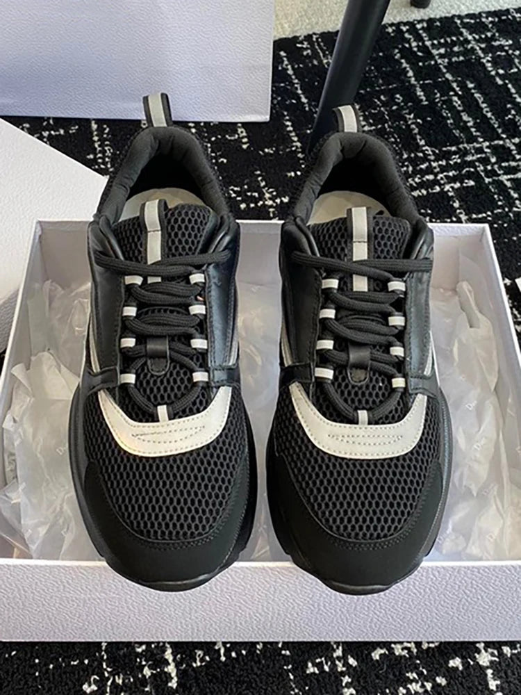 Spring Summer Fashion B22 Breathable Casual Snug Flat Bottom Low-top Shoes Men's Round Toe Net Cloth Patchwork Lace-Up Shoes