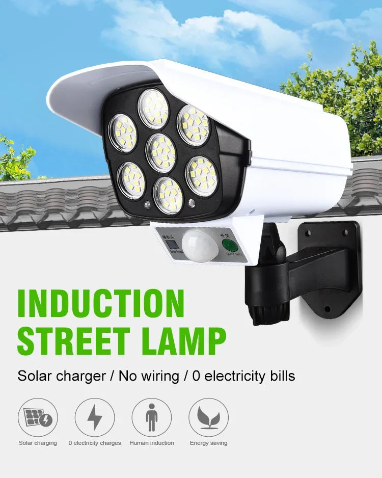 Security Dummy Camera Lamp 77 LEDs Motion Sensor Solar Night Lights Waterproof 3 Lighting Modes Home Porch Garden FloodLight